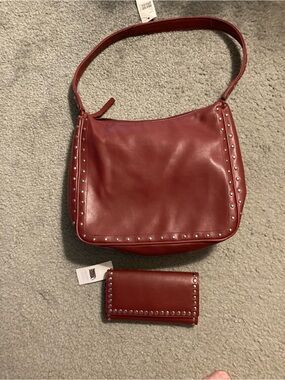 Red Stud-Trim Shoulder Bag with Matching Wallet